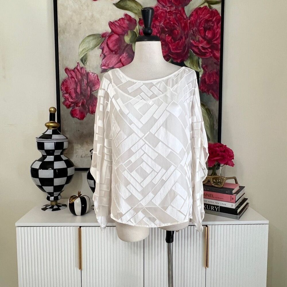 White House Black Market Women's Silk Blend Burnout Layered Blouse White Large